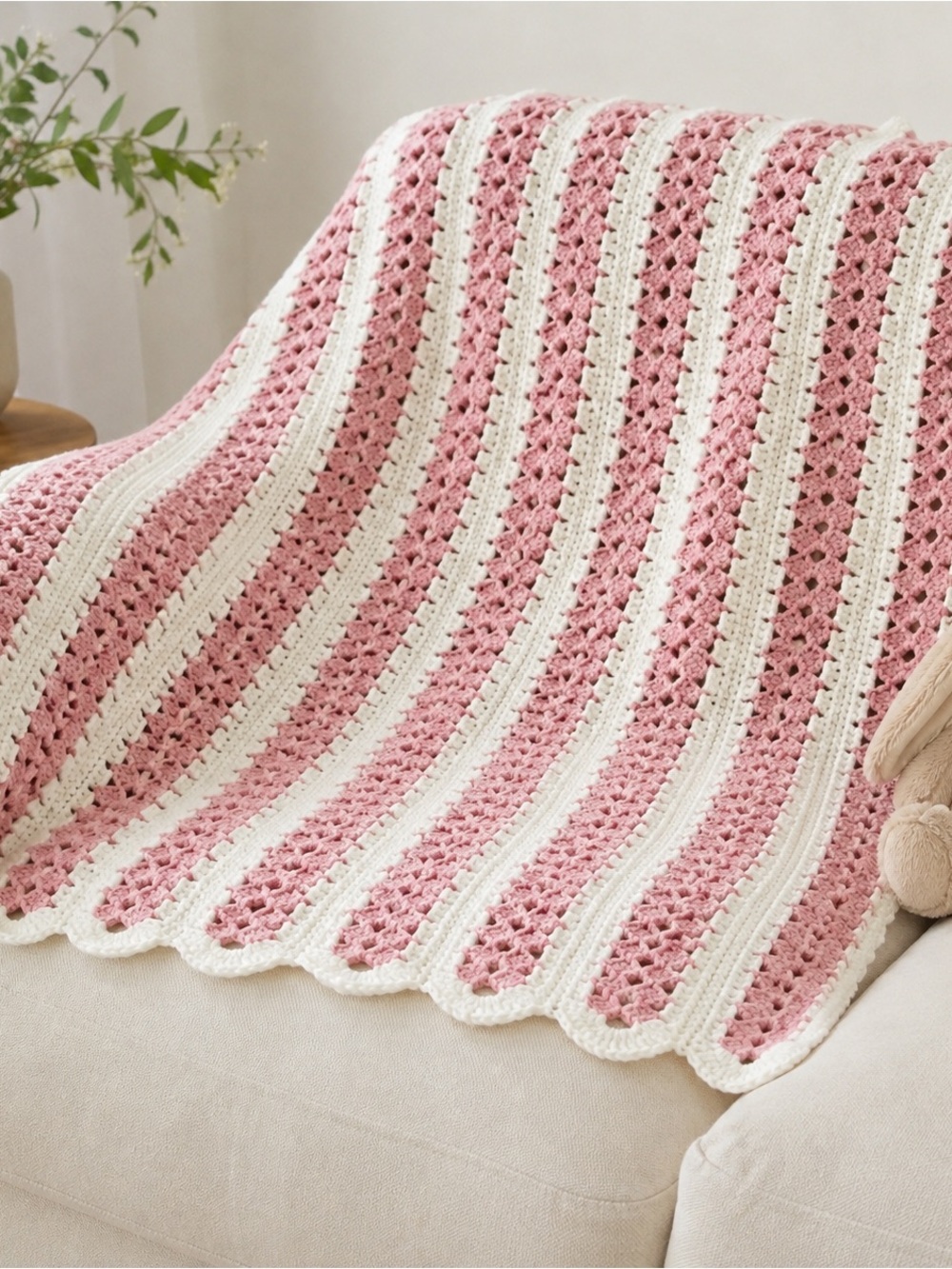 Handmade Crochet Baby Blanket 45x32 Pink White Striped Scalloped Cottagecore Vtg